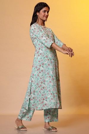 Green Floral Printed A-line Kurta &amp; Palazzo Co-ord Set