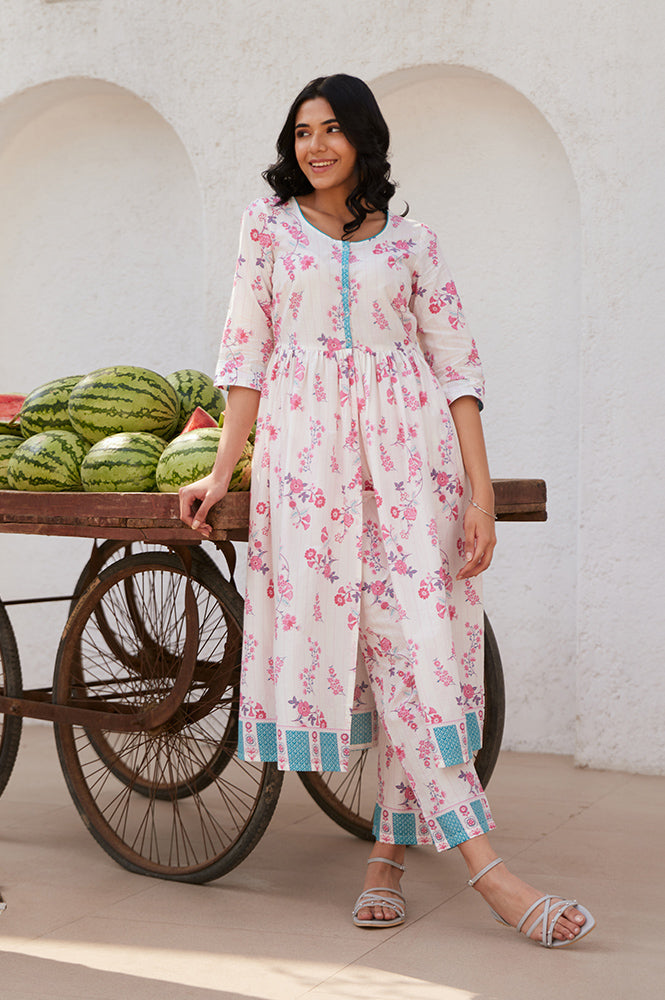 White Floral Printed Flared Kurta, and Palazzo Co-ord Set - XS