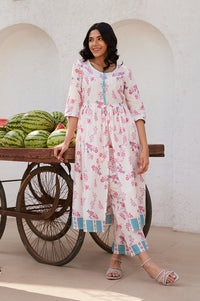 White Floral Printed Flared Kurta, and Palazzo Co-ord Set