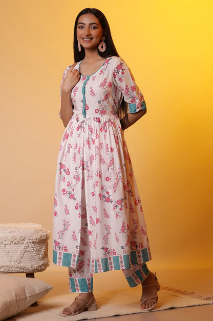 White Floral Printed Flared Kurta, and Palazzo Co-ord Set