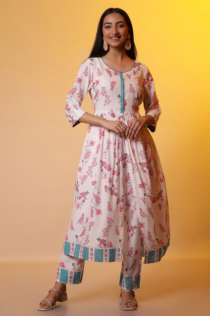 White Floral Printed Flared Kurta, and Palazzo Co-ord Set