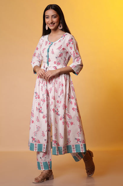 White Floral Printed Flared Kurta, and Palazzo Co-ord Set