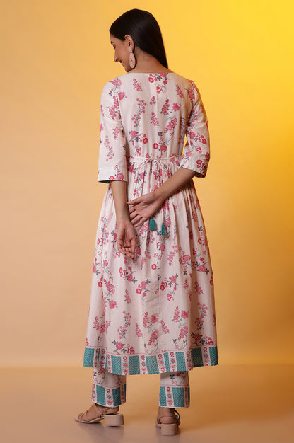 White Floral Printed Flared Kurta, and Palazzo Co-ord Set