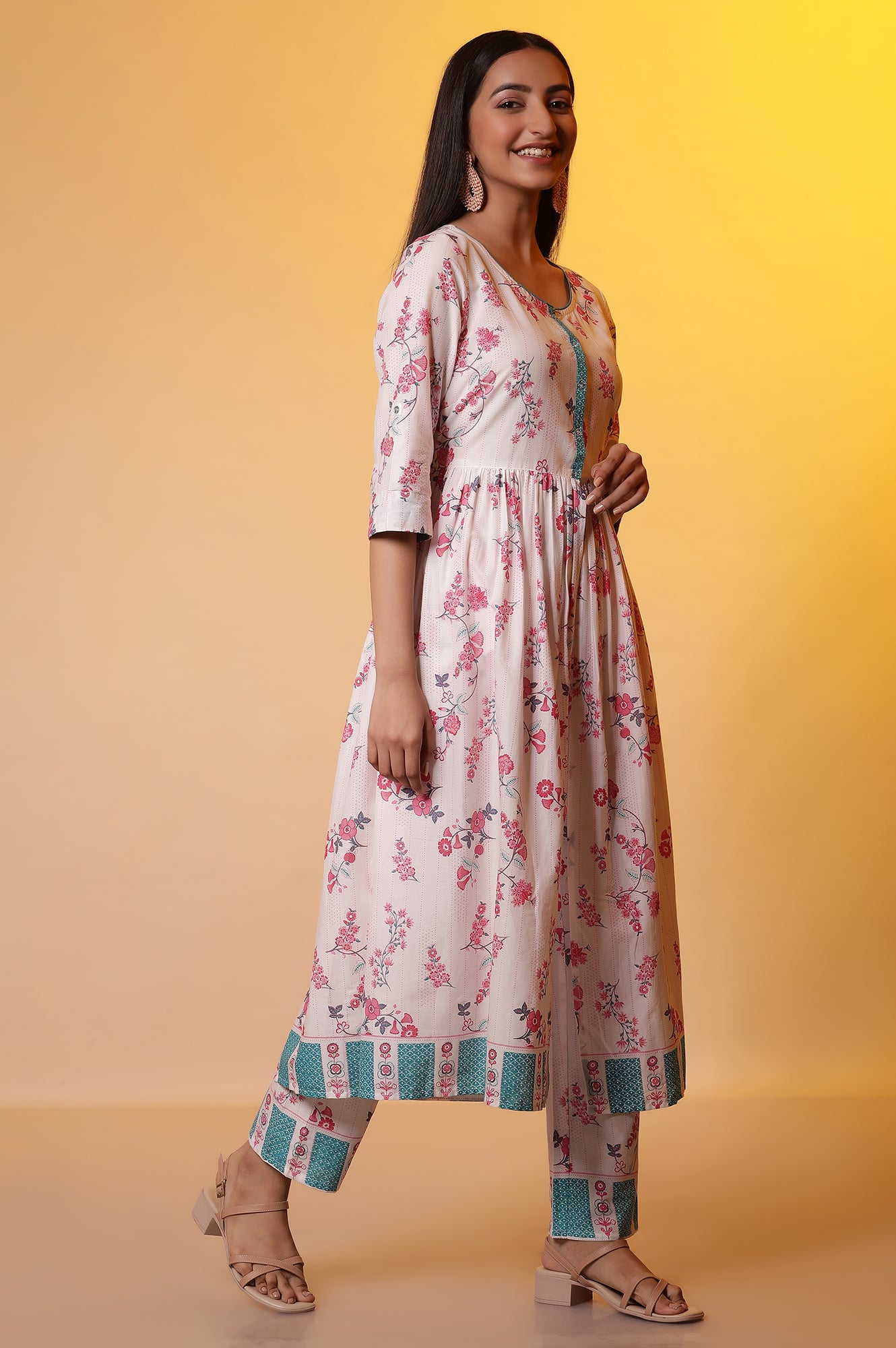 White Floral Printed Flared Kurta, and Palazzo Co-ord Set