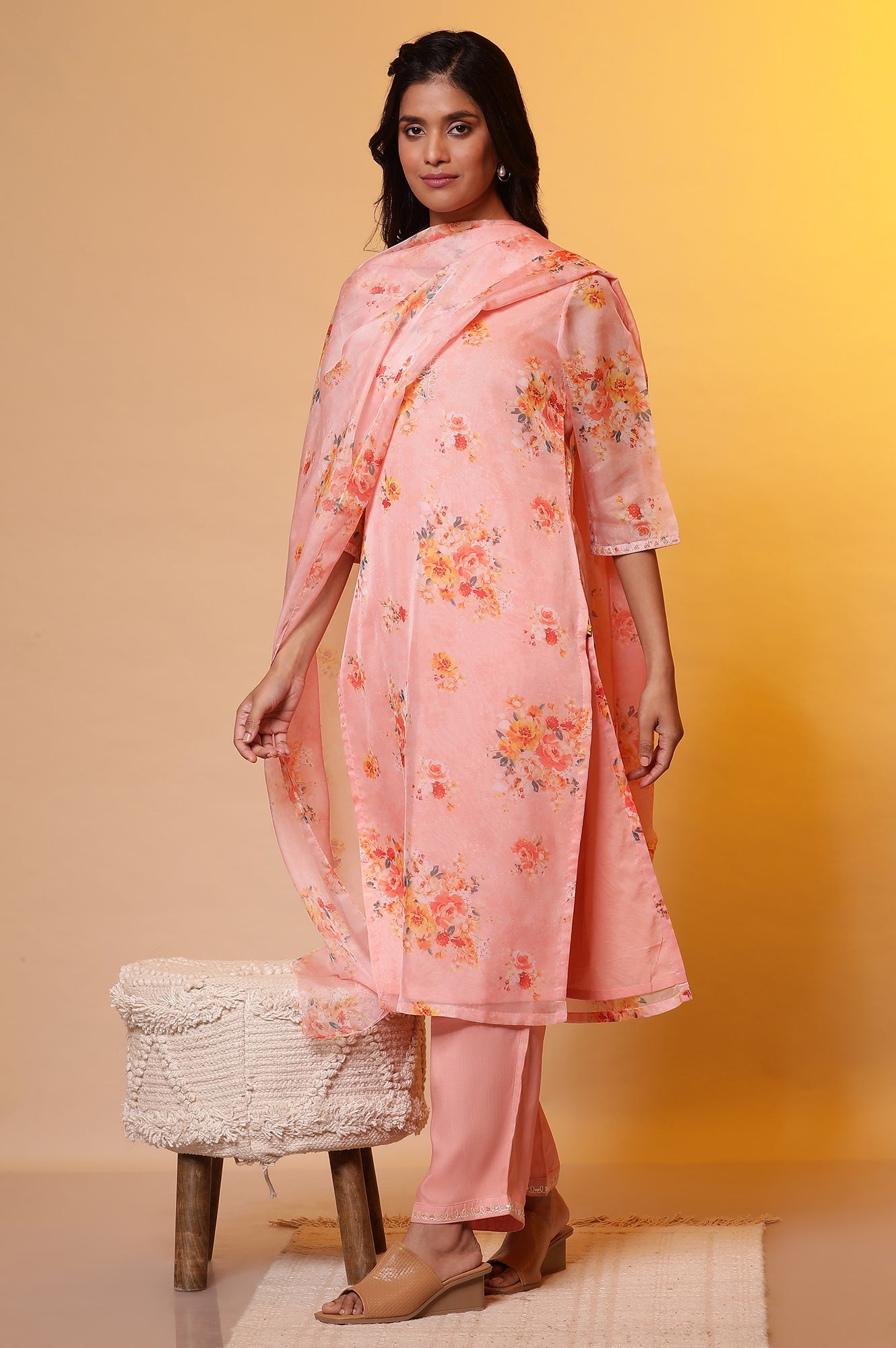 Peach Floral Printed Straight Kurta, Pants and Organza Dupatta