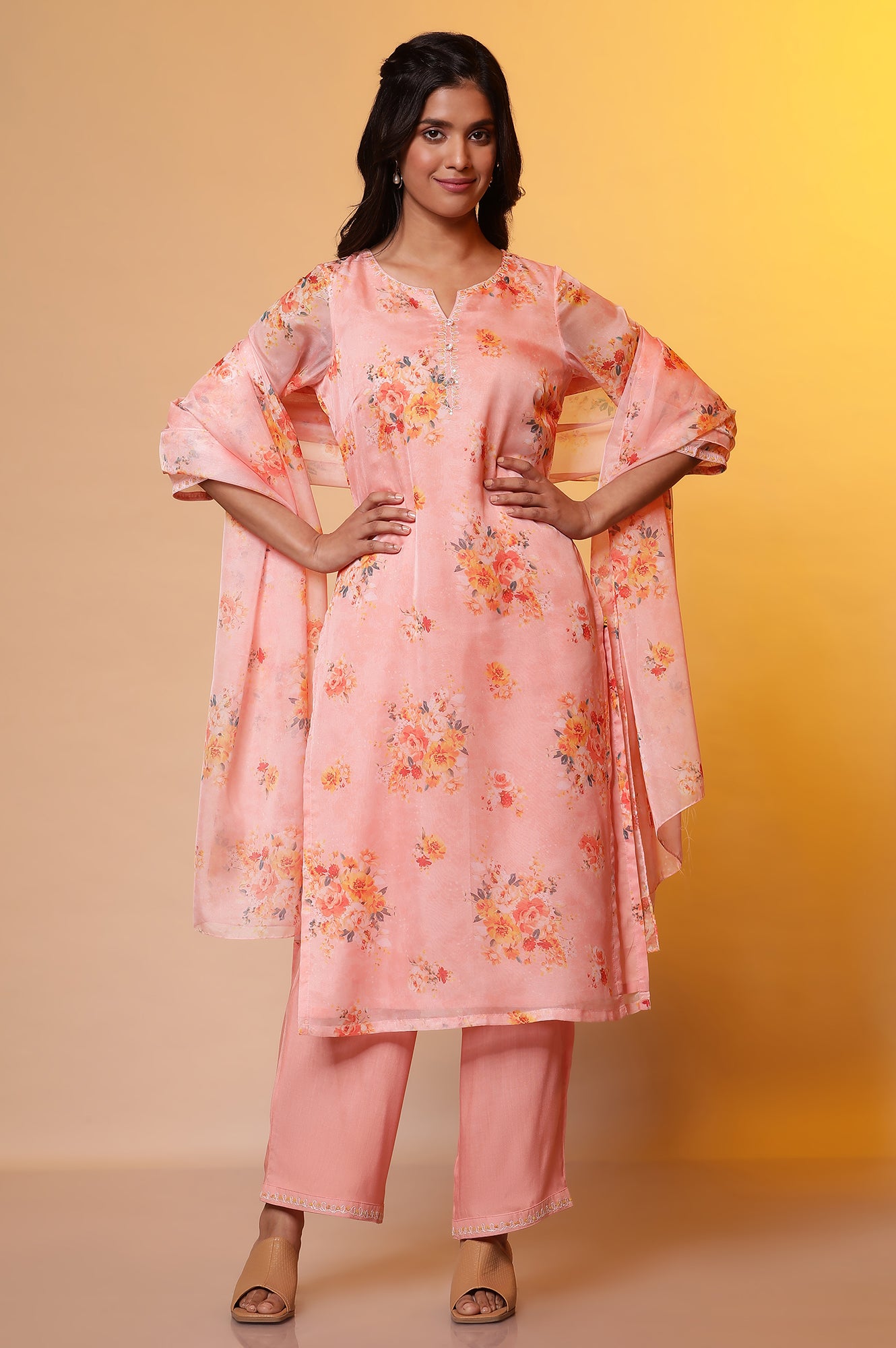 Peach Floral Printed Straight Kurta, Pants and Organza Dupatta