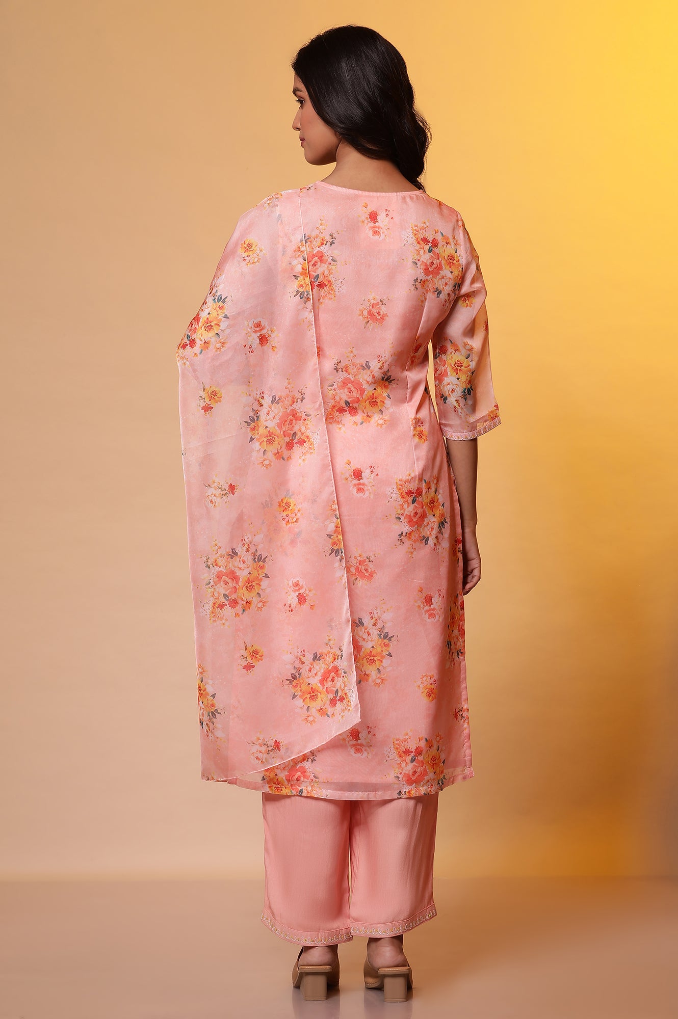 Peach Floral Printed Straight Kurta, Pants and Organza Dupatta