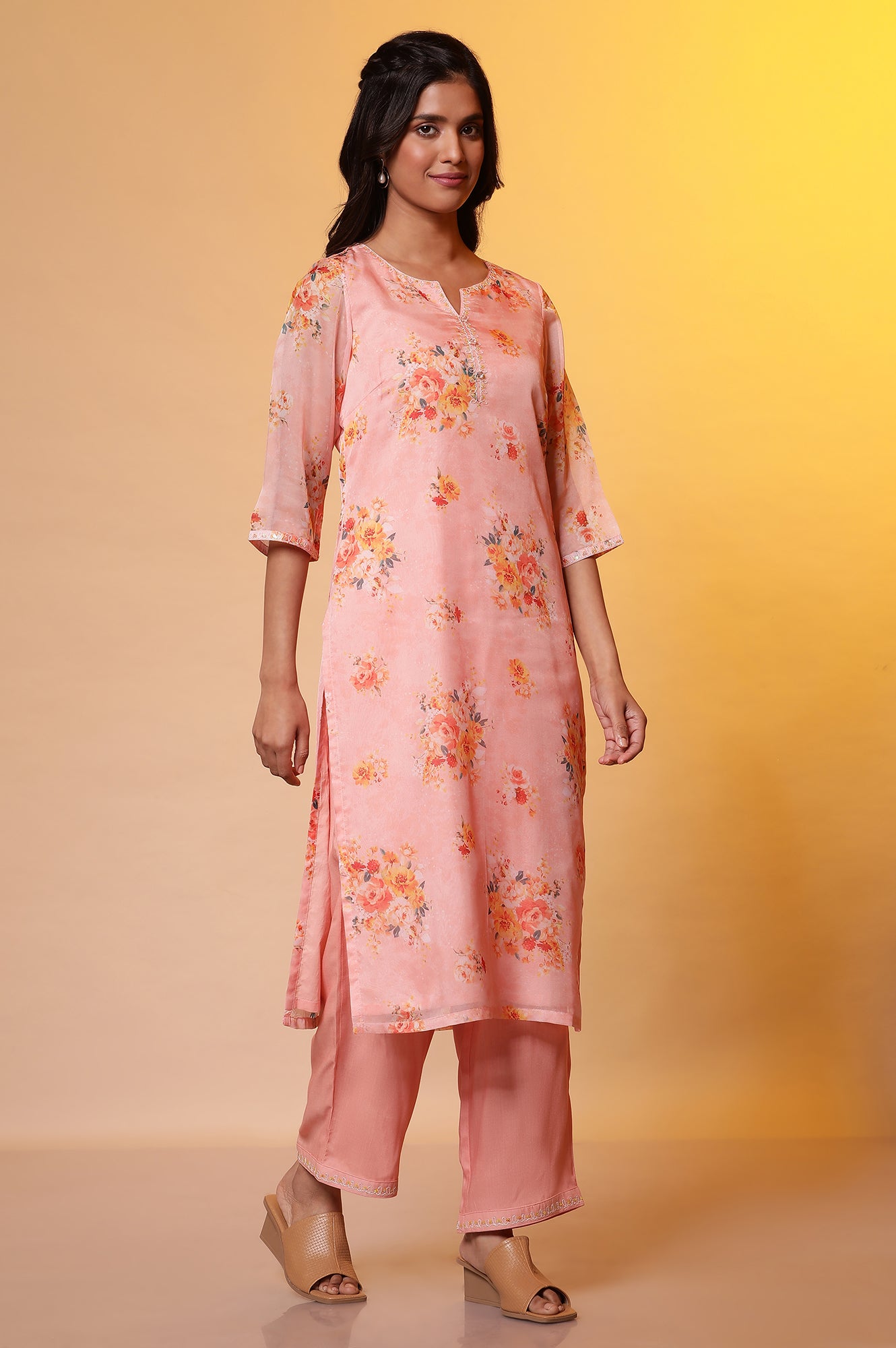 Peach Floral Printed Straight Kurta, Pants and Organza Dupatta