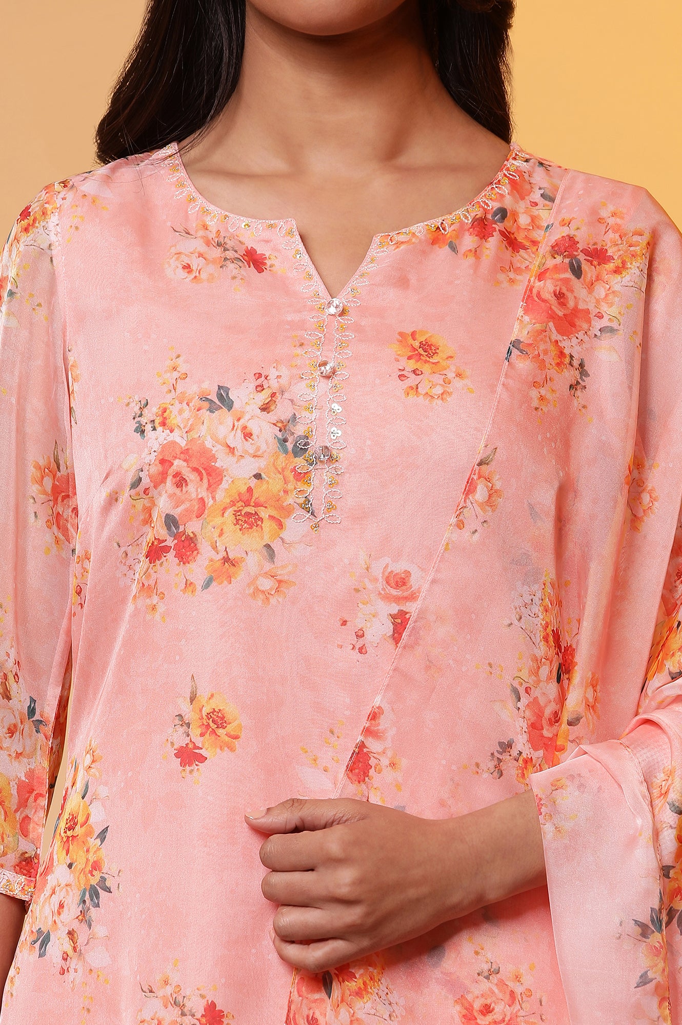 Peach Floral Printed Straight Kurta, Pants and Organza Dupatta