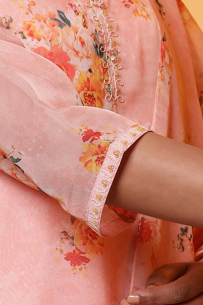 Peach Floral Printed Straight Kurta, Pants and Organza Dupatta