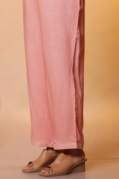 Peach Floral Printed Straight Kurta, Pants and Organza Dupatta