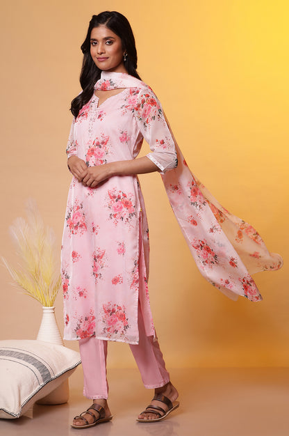 Pink Floral Printed Straight Kurta, Pants and Organza Dupatta