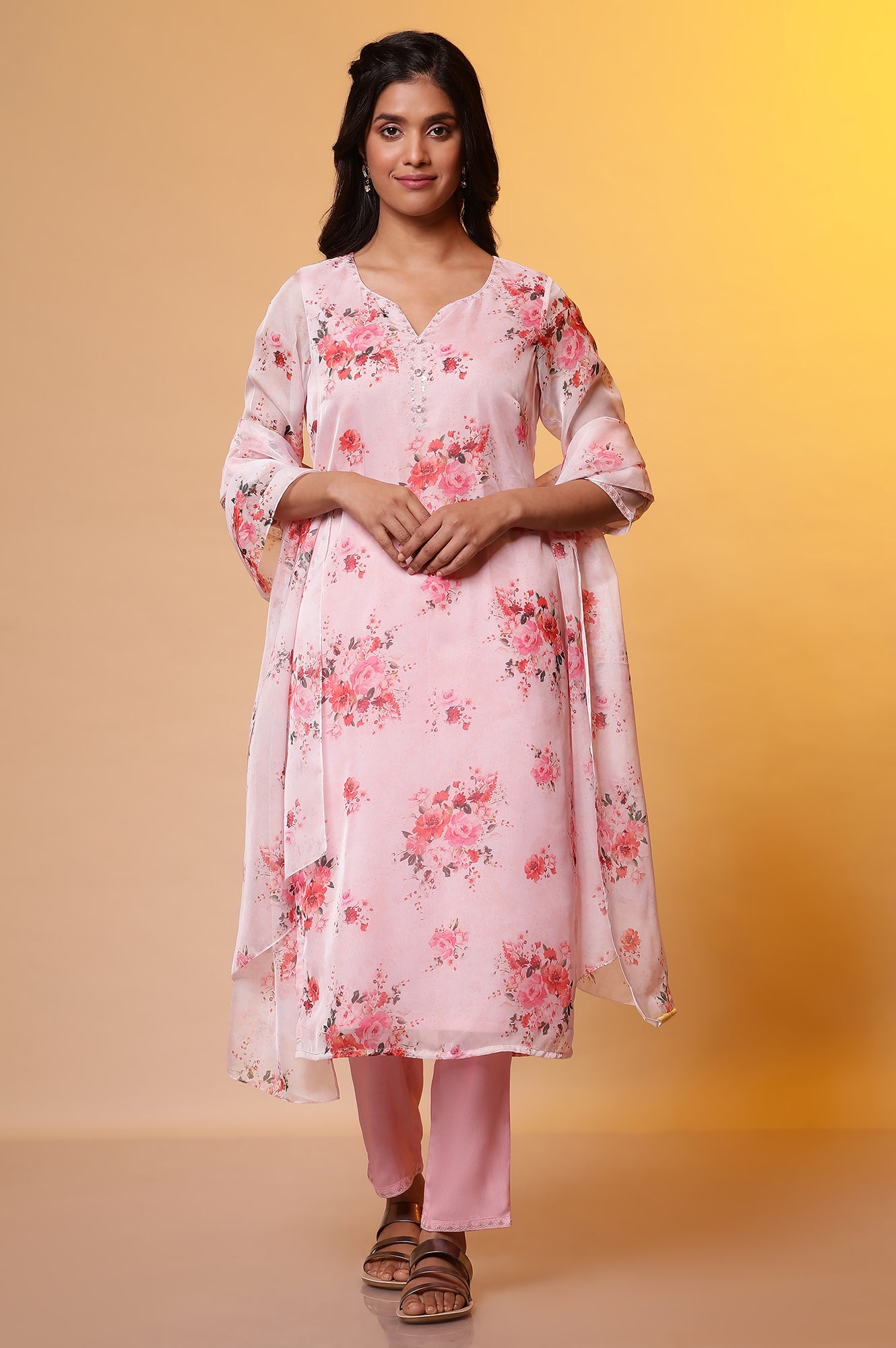 Pink Floral Printed Straight Kurta, Pants and Organza Dupatta