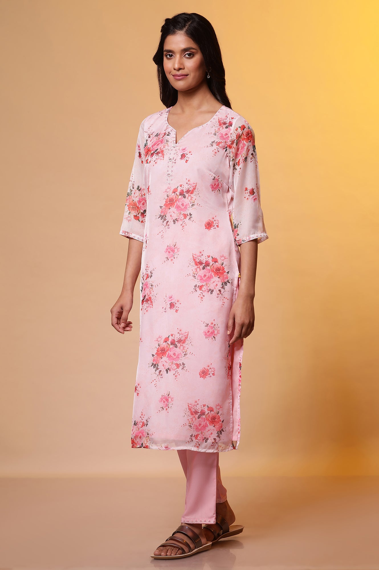 Pink Floral Printed Straight Kurta, Pants and Organza Dupatta