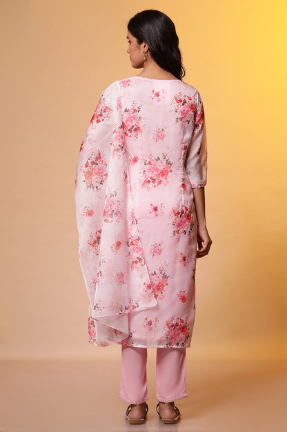 Pink Floral Printed Straight Kurta, Pants and Organza Dupatta