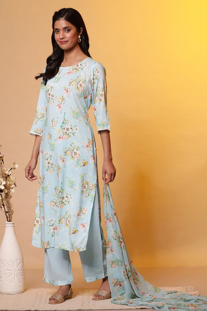 Blue Floral Printed Straight Kurta, Pants and Dupatta Set