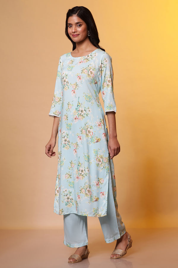 Blue Floral Printed Straight Kurta, Pants and Dupatta Set