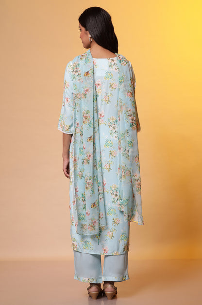 Blue Floral Printed Straight Kurta, Pants and Dupatta Set