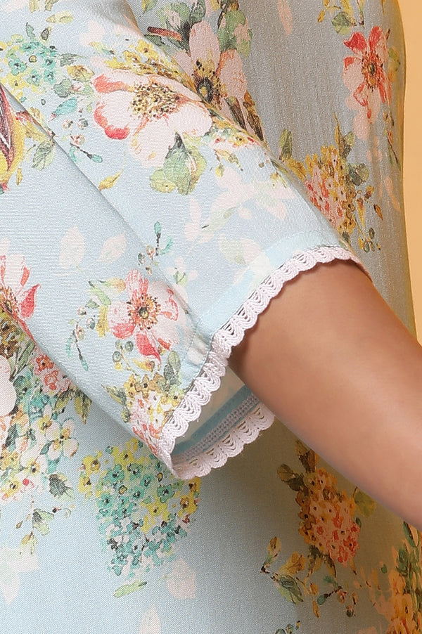 Blue Floral Printed Straight Kurta, Pants and Dupatta Set