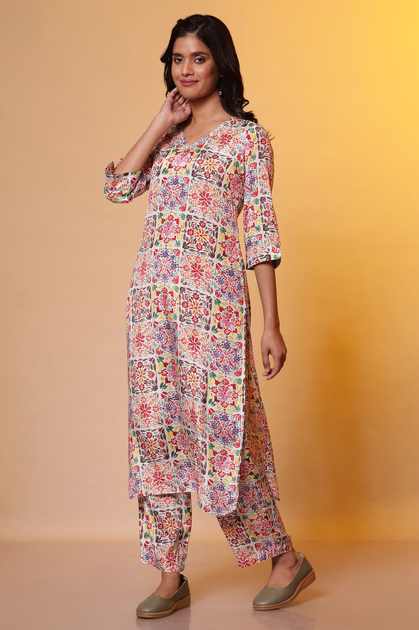 Mutli-coloured Straight Kurta and Pants Co-ord Set