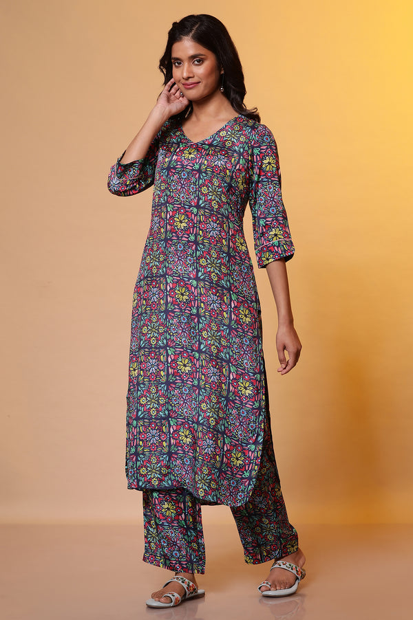 Blue Floral Printed Straight Kurta, Pants and Dupatta Set