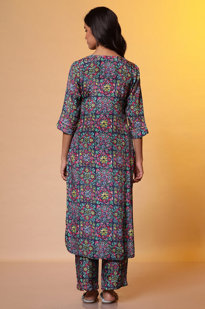 Blue Floral Printed Straight Kurta, Pants and Dupatta Set