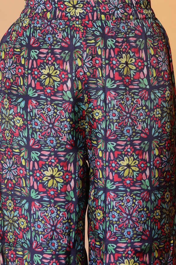 Blue Floral Printed Straight Kurta, Pants and Dupatta Set