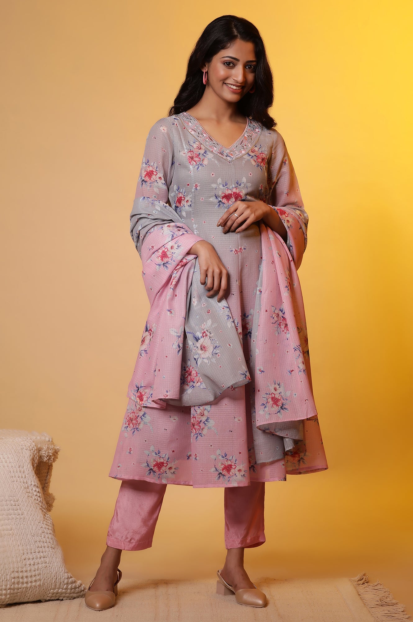 Grey and Pink Ombre Flared Kurta, Pants and Dupatta Set