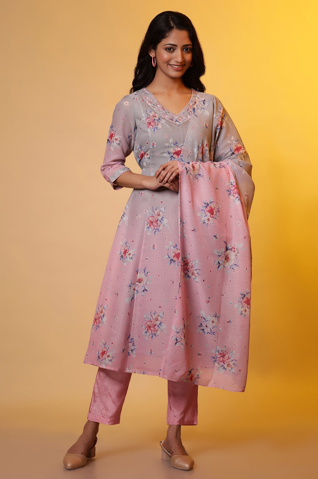 Grey and Pink Ombre Flared Kurta, Pants and Dupatta Set