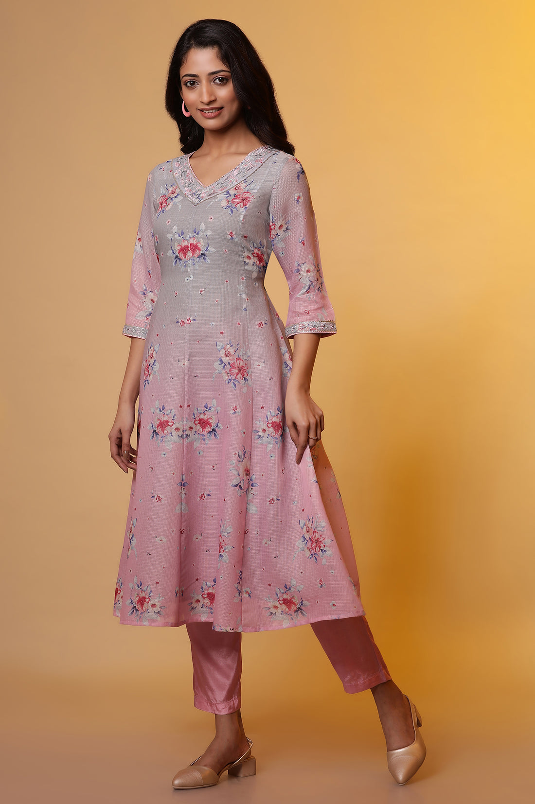 Grey and Pink Ombre Flared Kurta, Pants and Dupatta Set