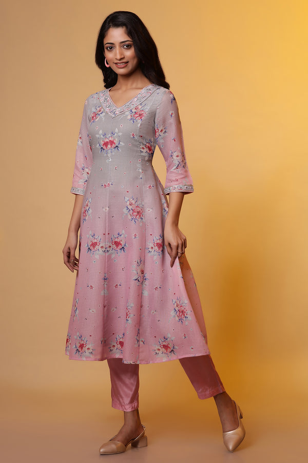 Grey and Pink Ombre Flared Kurta, Pants and Dupatta Set