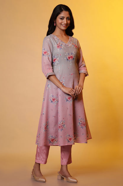 Grey and Pink Ombre Flared Kurta, Pants and Dupatta Set