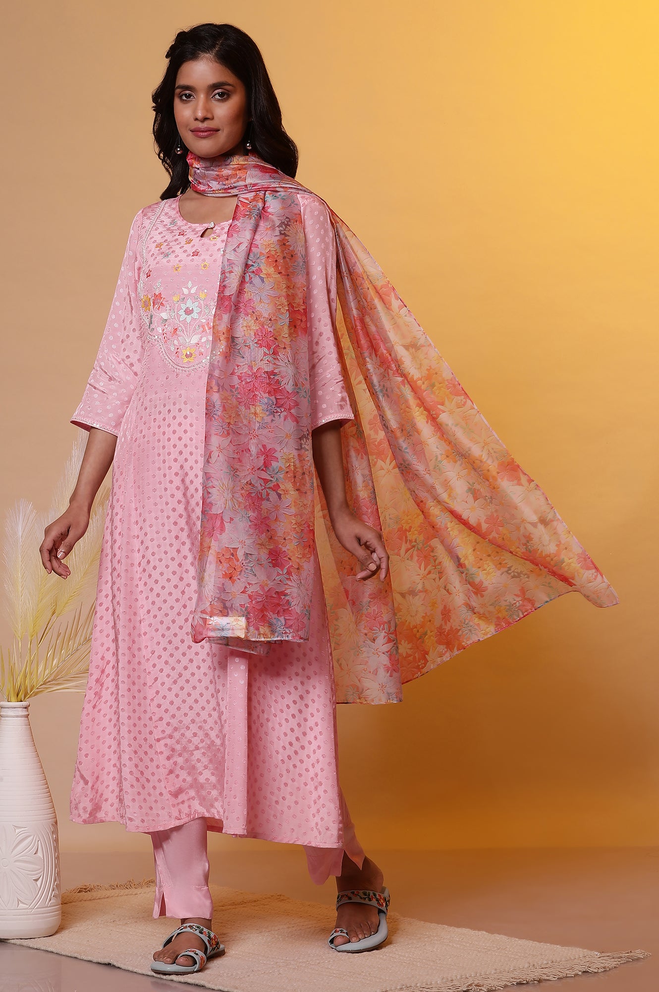 Pink Floral Printed Flared Kurta, Pants and Dupatta Set