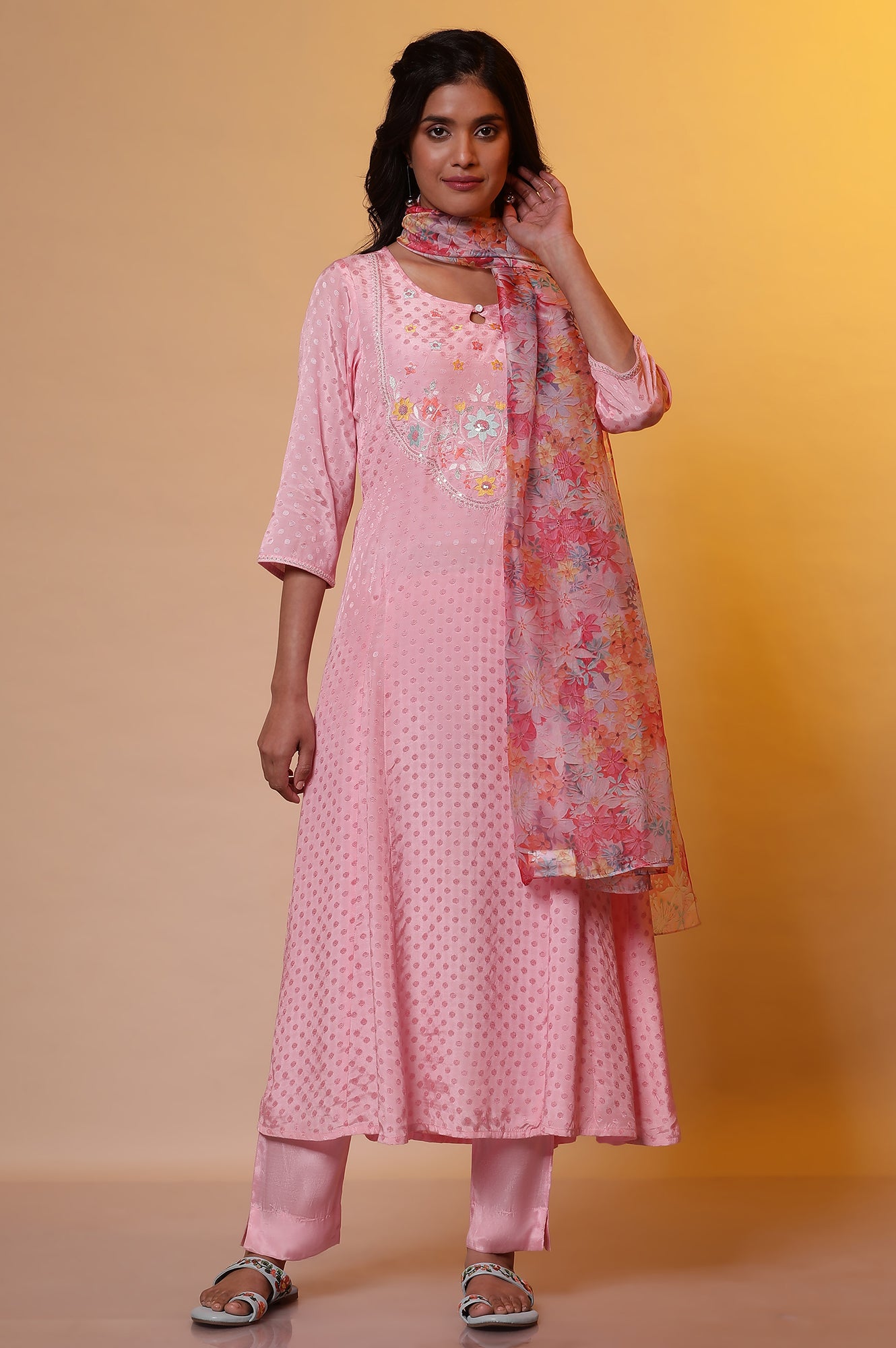 Pink Floral Printed Flared Kurta, Pants and Dupatta Set