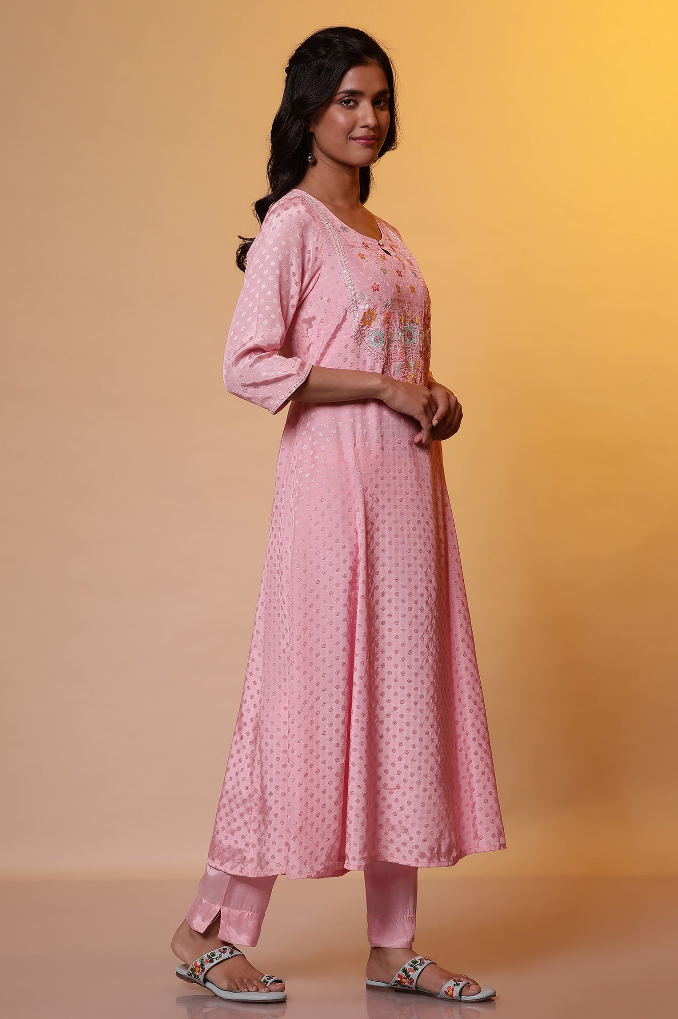 Pink Floral Printed Flared Kurta, Pants and Dupatta Set