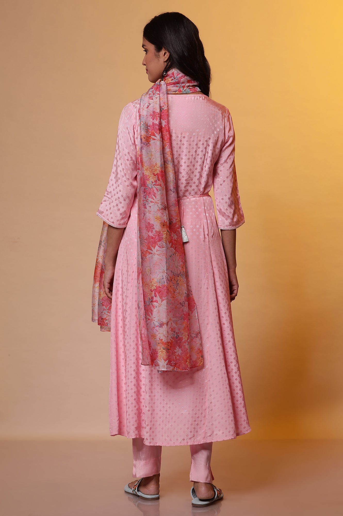 Pink Floral Printed Flared Kurta, Pants and Dupatta Set