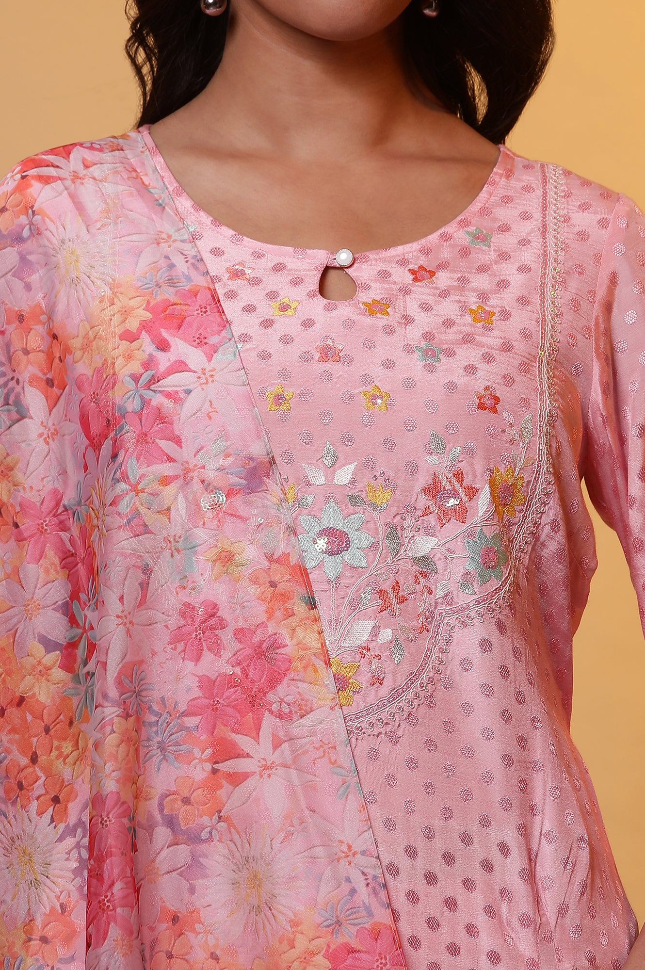 Pink Floral Printed Flared Kurta, Pants and Dupatta Set