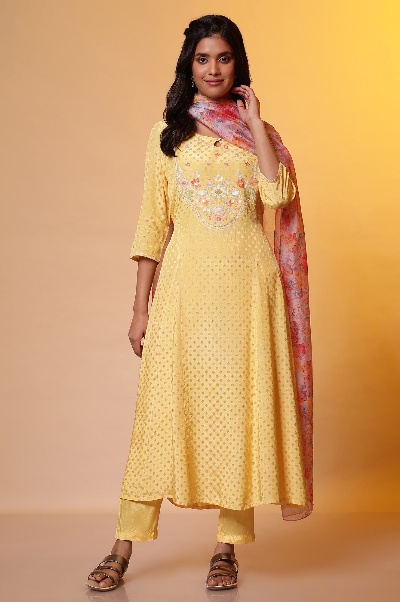 Yellow Floral Printed Flared Kurta, Pants and Dupatta Set