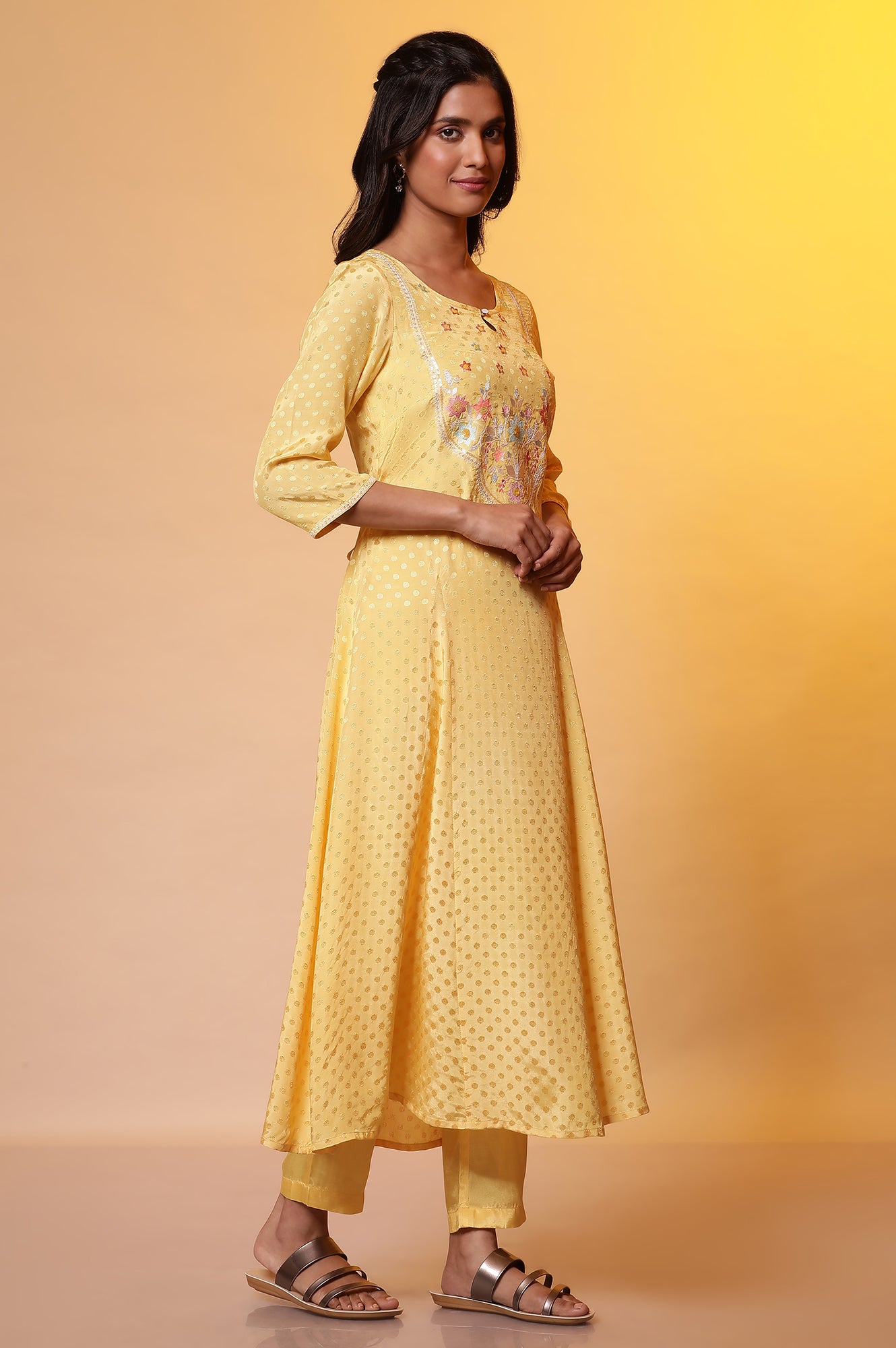 Yellow Floral Printed Flared Kurta, Pants and Dupatta Set