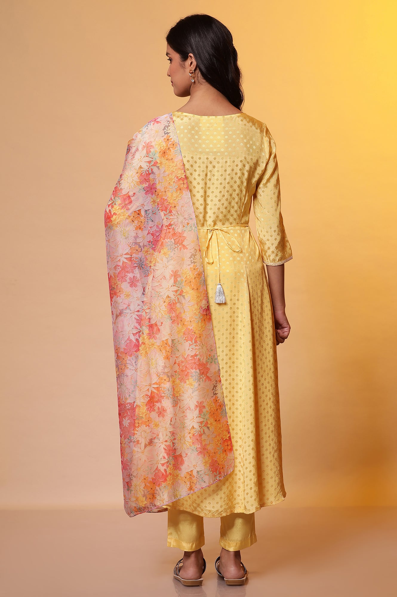 Yellow Floral Printed Flared Kurta, Pants and Dupatta Set