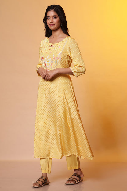 Yellow Floral Printed Flared Kurta, Pants and Dupatta Set