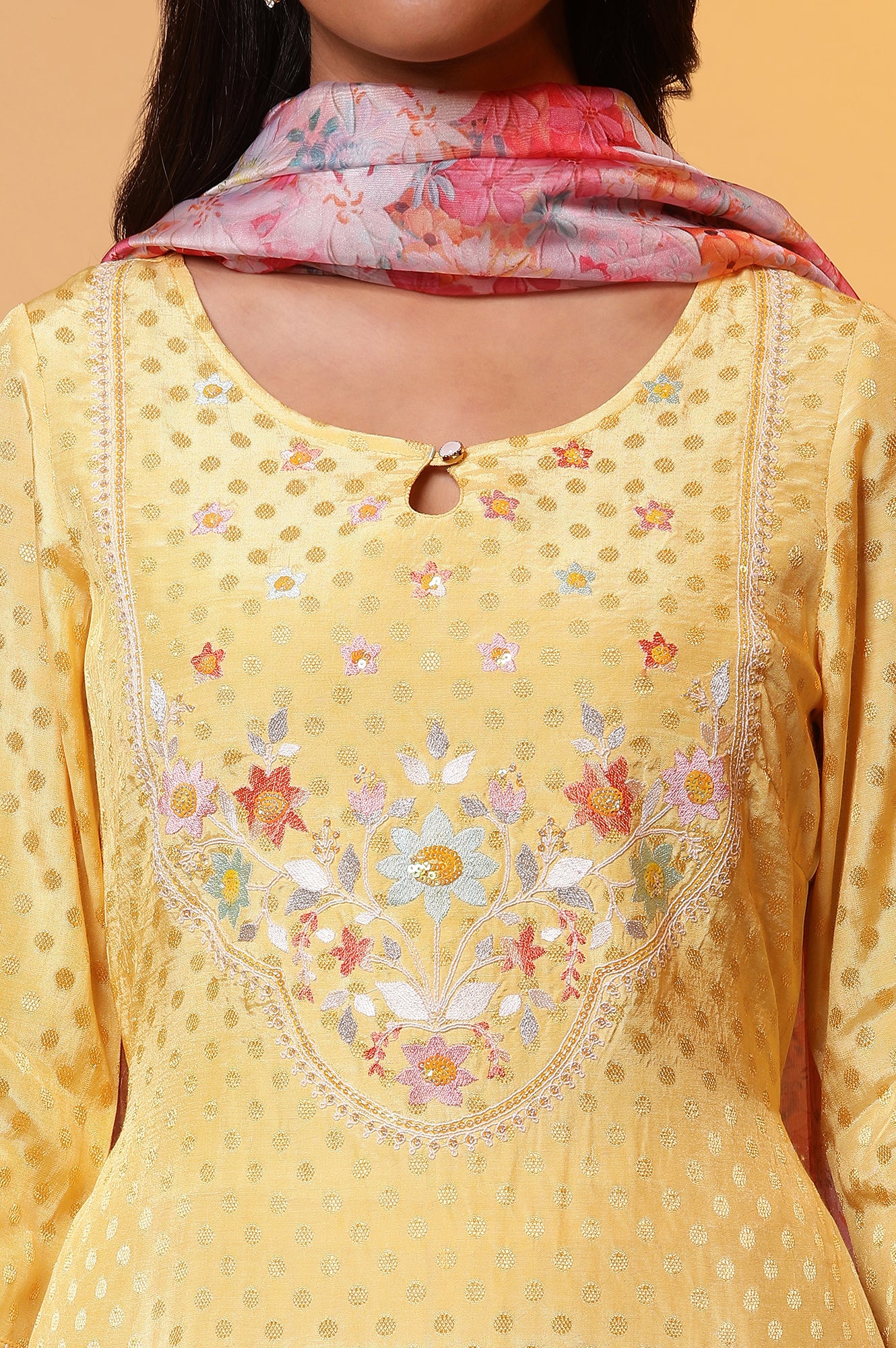 Yellow Floral Printed Flared Kurta, Pants and Dupatta Set