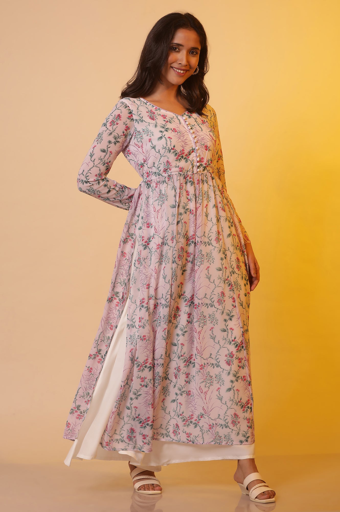 Purple Floral Printed Naira Cut Kurta and Flared Palazzo Set