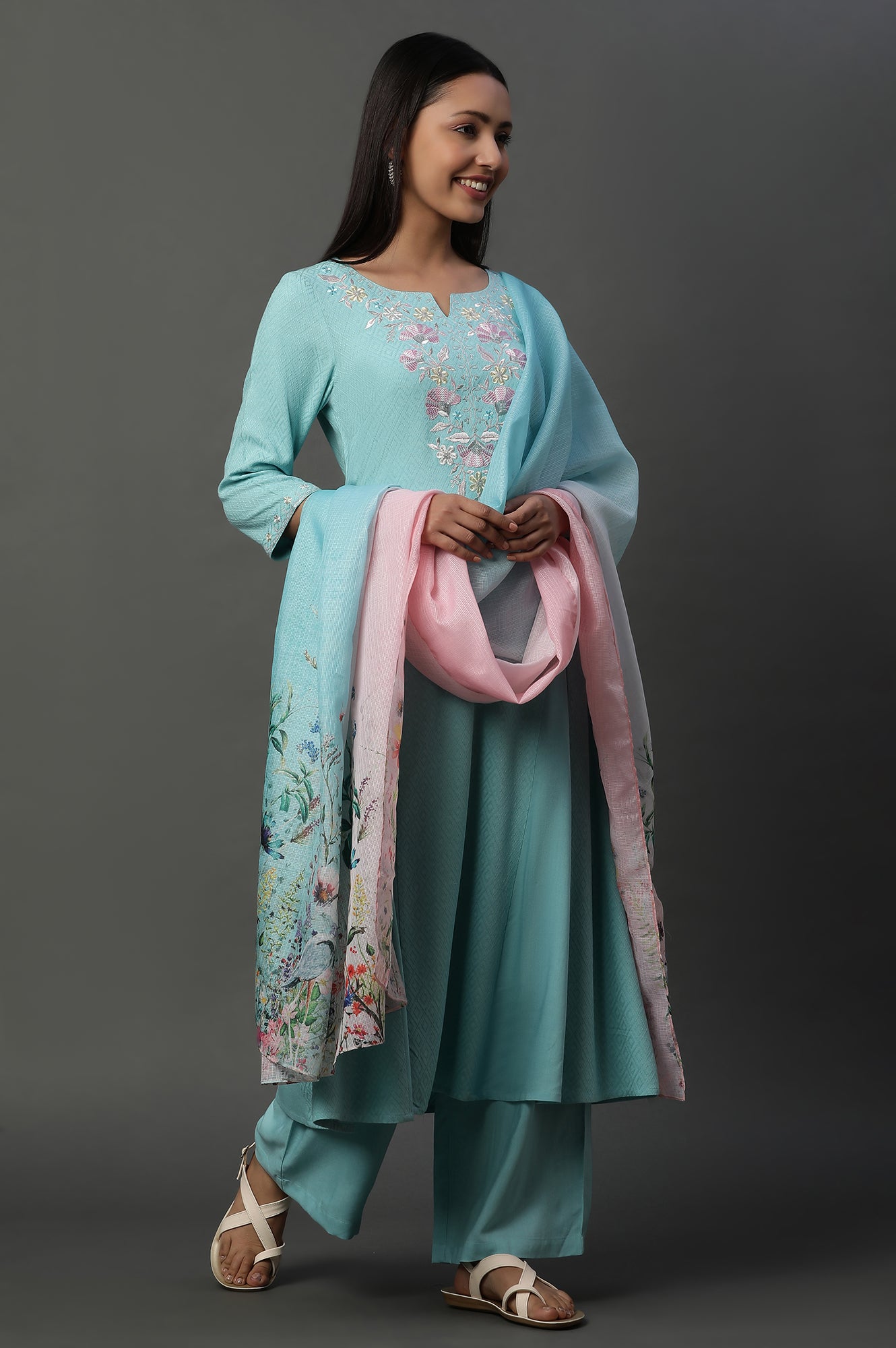 Blue Embroidered Kurta, Pants and Floral Printed Dupatta Set