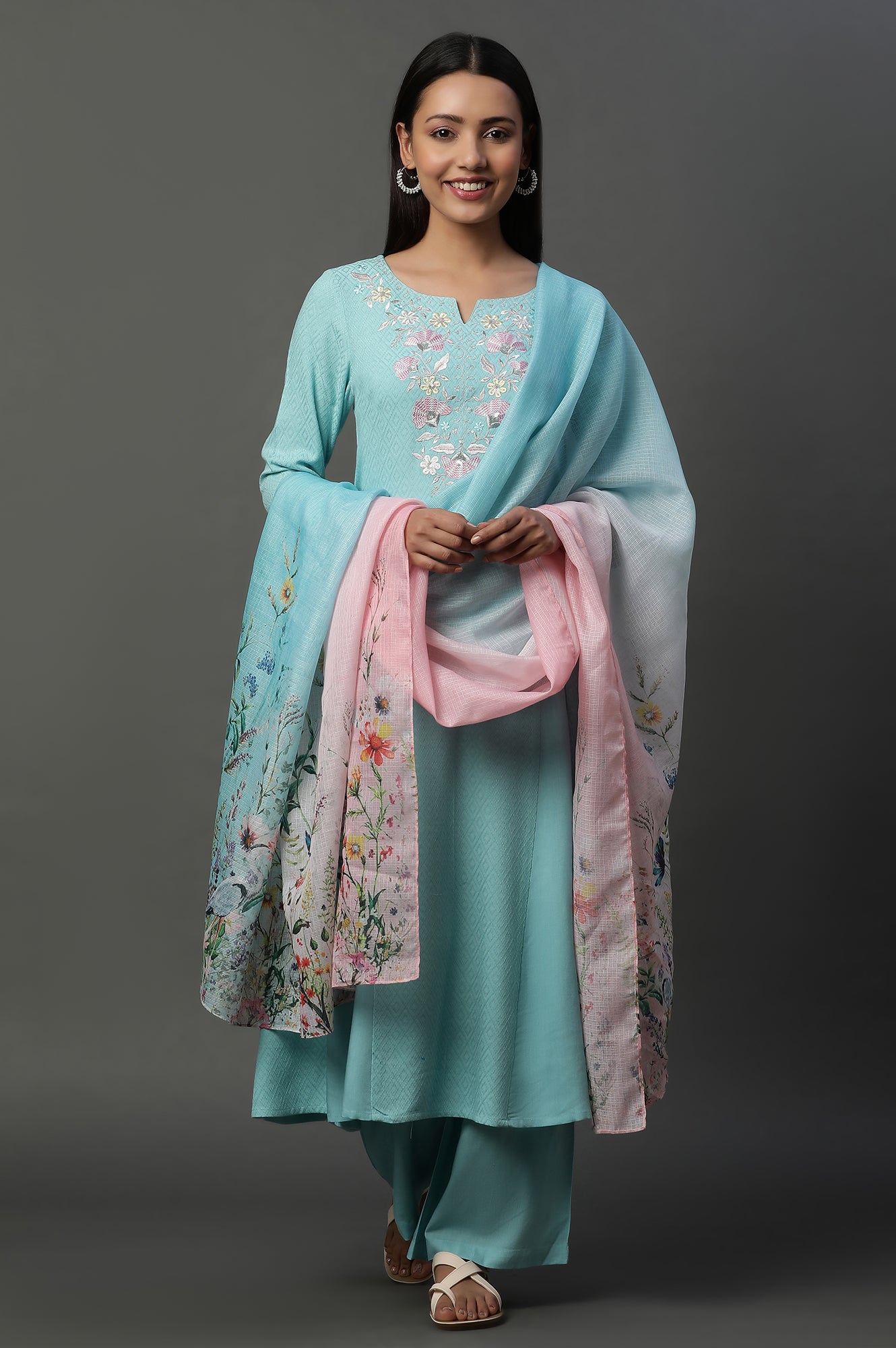 Blue Embroidered Kurta, Pants and Floral Printed Dupatta Set