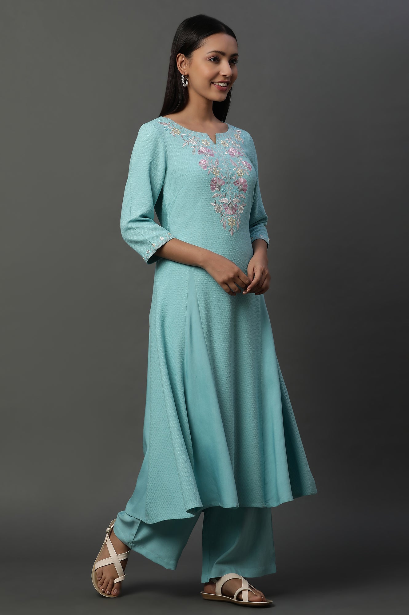 Blue Embroidered Kurta, Pants and Floral Printed Dupatta Set