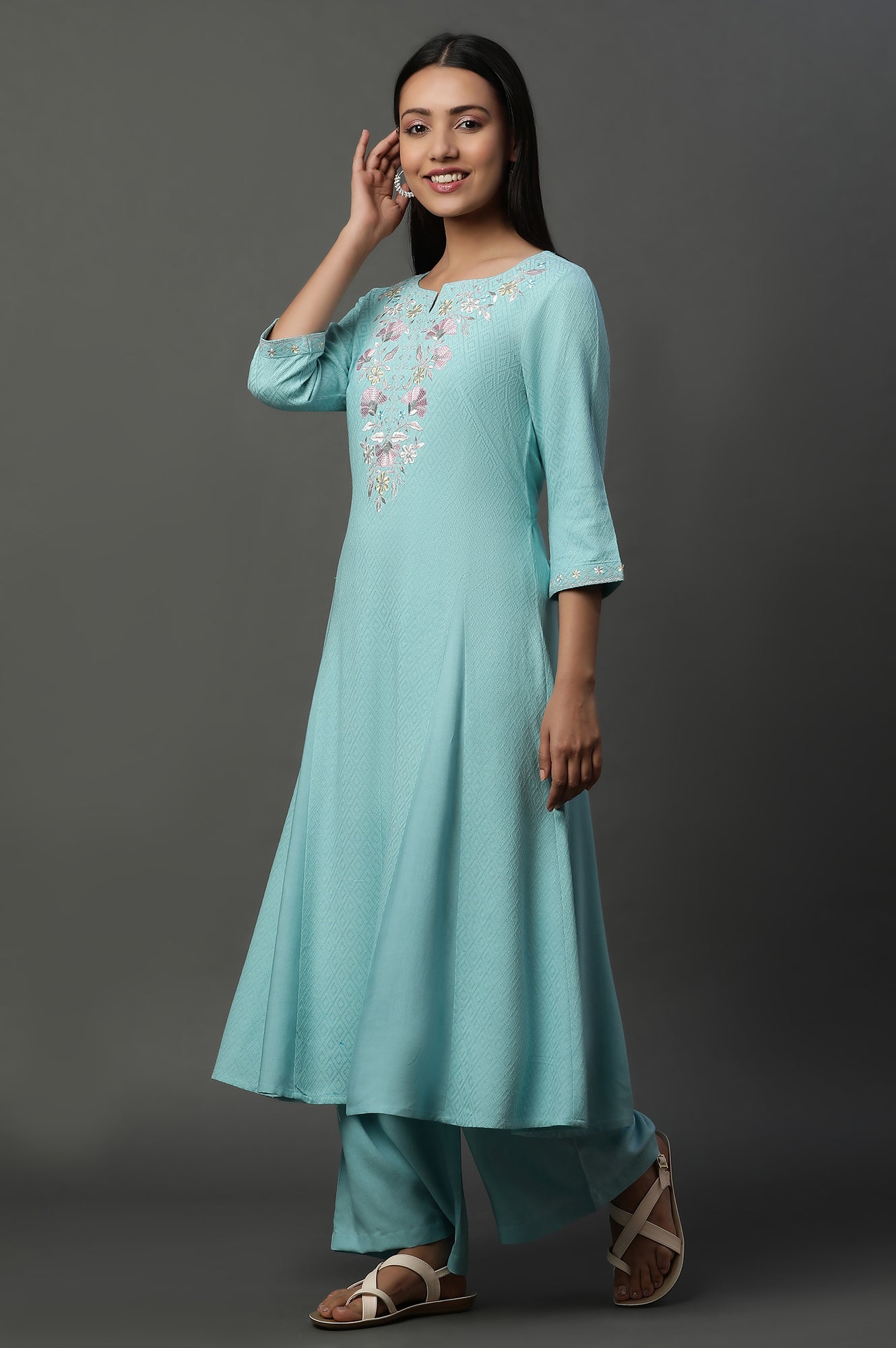 Blue Embroidered Kurta, Pants and Floral Printed Dupatta Set