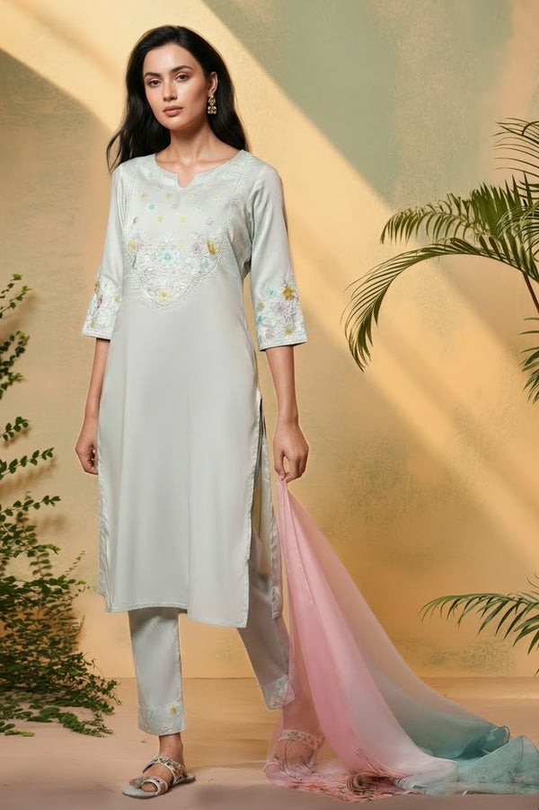 Sea Green Embroidered Kurta, Pants and Dupatta Set