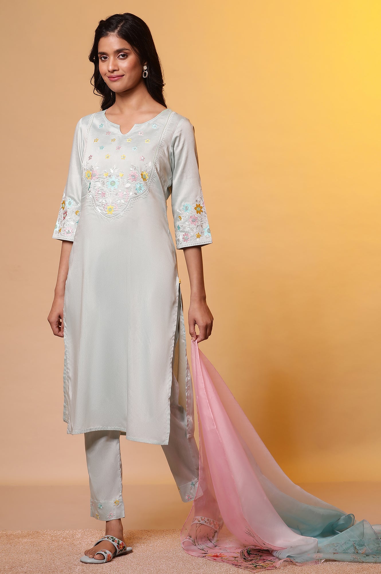 Sea Green Embroidered Kurta, Pants and Dupatta Set