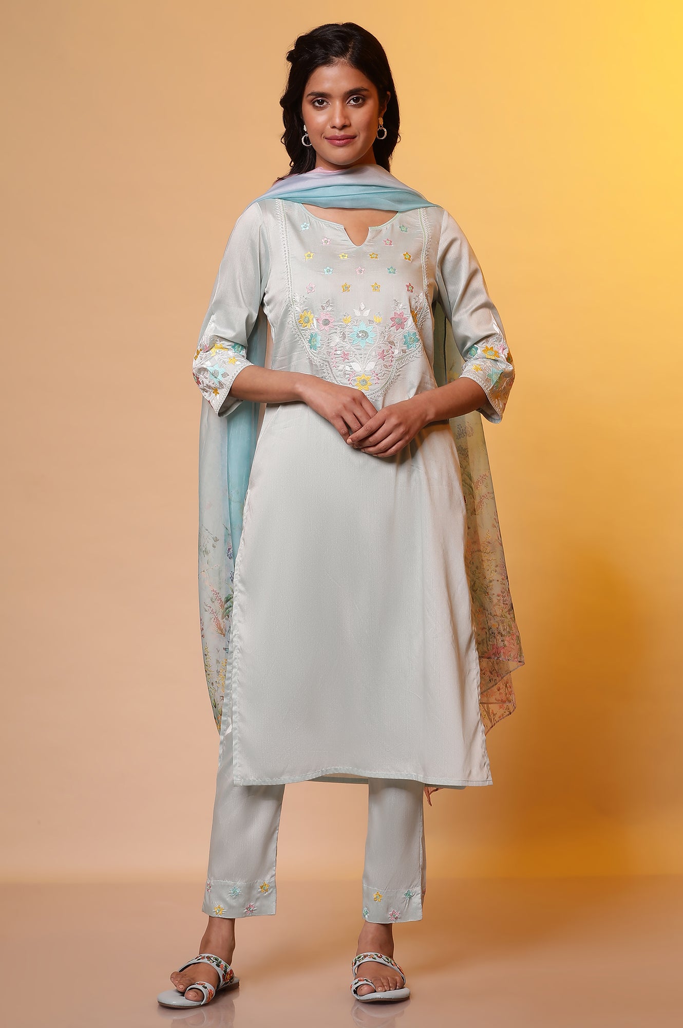 Sea Green Embroidered Kurta, Pants and Dupatta Set